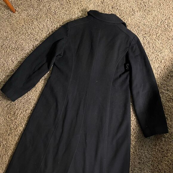 VTG Anne Klein Black Wool Cashmere Full Length Coat 14 A-Line Lined Button Front - Picture 8 of 12